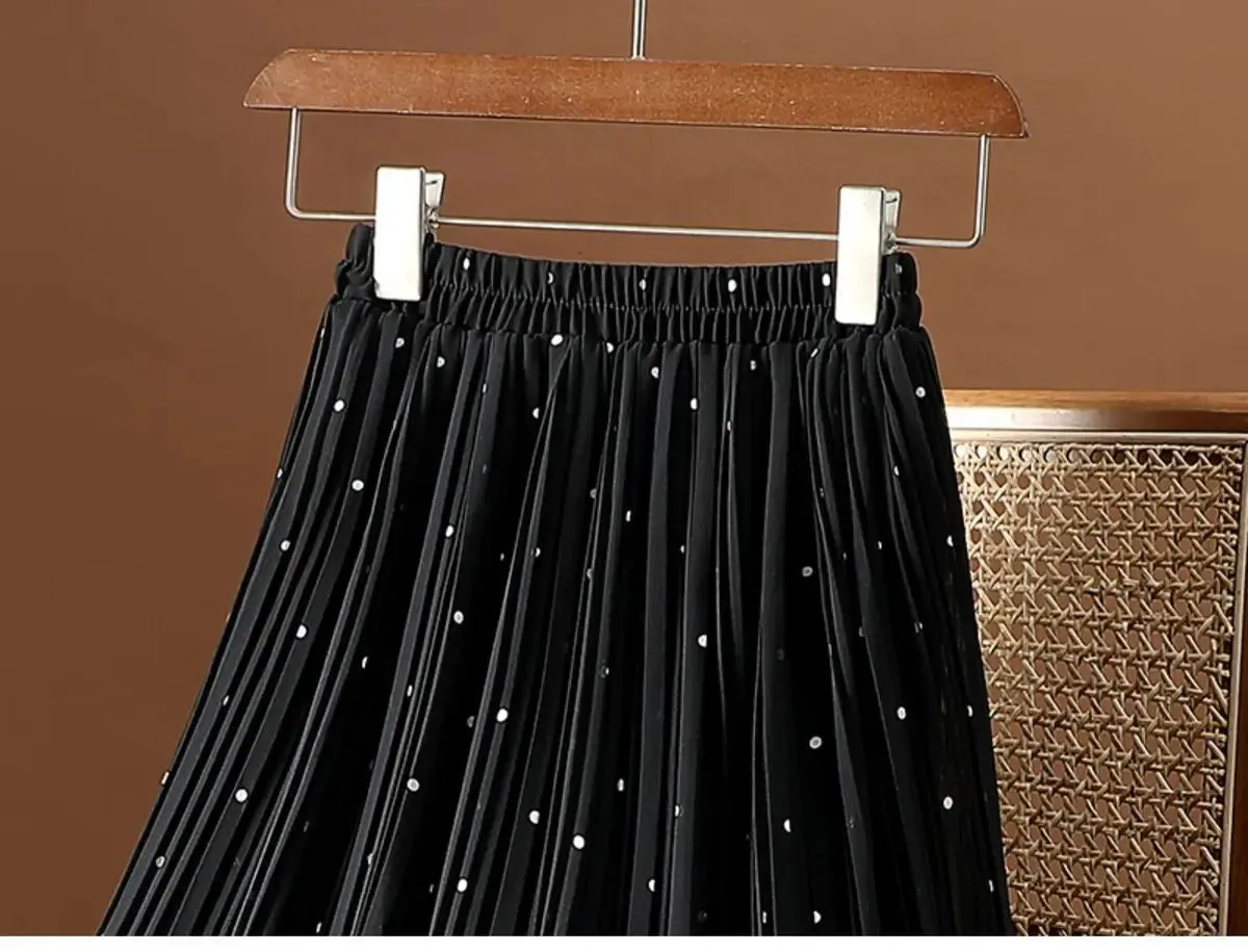 Women’s Polka Dot Pleated Midi Skirt | High Waist Elastic Vintage Office Skirt