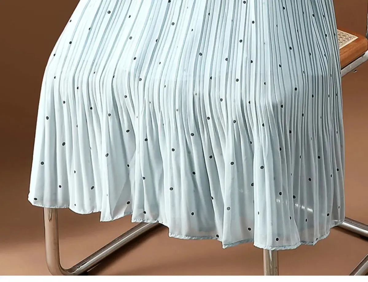 Women’s Polka Dot Pleated Midi Skirt | High Waist Elastic Vintage Office Skirt