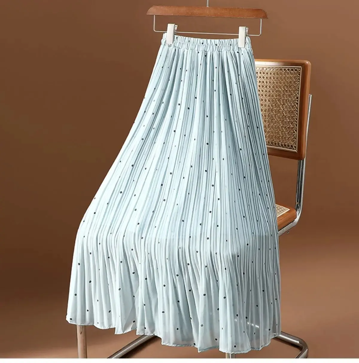 Women’s Polka Dot Pleated Midi Skirt | High Waist Elastic Vintage Office Skirt