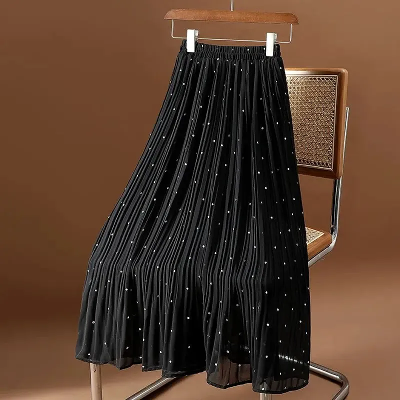 Women’s Polka Dot Pleated Midi Skirt | High Waist Elastic Vintage Office Skirt