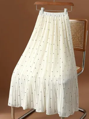 Women’s Polka Dot Pleated Midi Skirt | High Waist Elastic Vintage Office Skirt