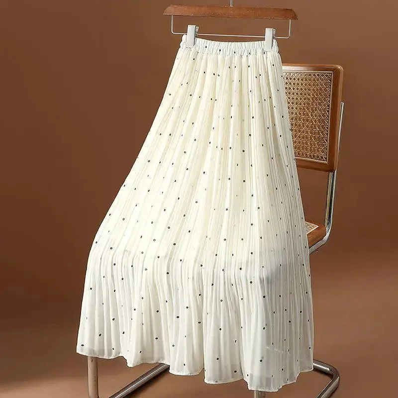 Women’s Polka Dot Pleated Midi Skirt | High Waist Elastic Vintage Office Skirt