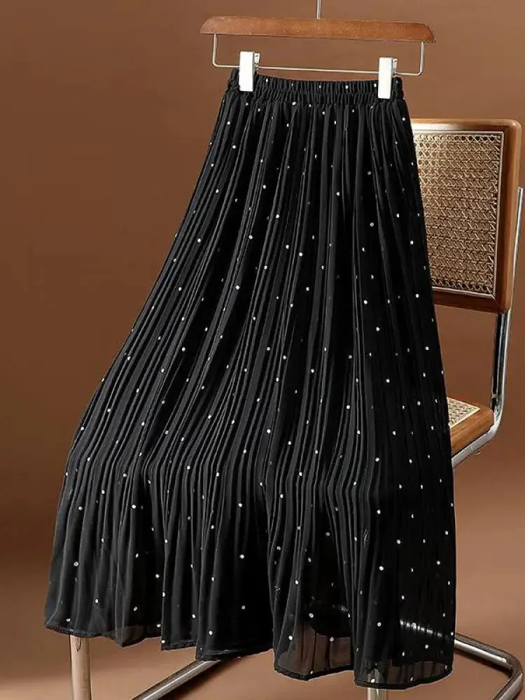 Women’s Polka Dot Pleated Midi Skirt | High Waist Elastic Vintage Office Skirt