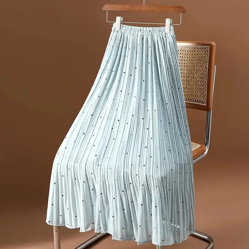 Women’s Polka Dot Pleated Midi Skirt | High Waist Elastic Vintage Office Skirt