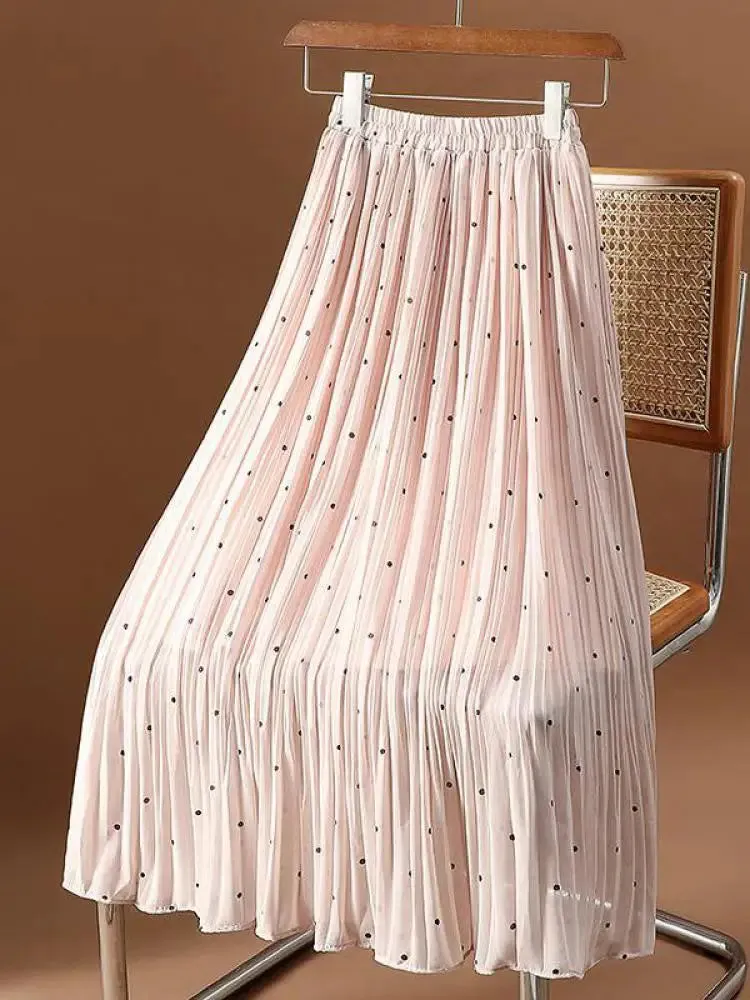 Women’s Polka Dot Pleated Midi Skirt | High Waist Elastic Vintage Office Skirt
