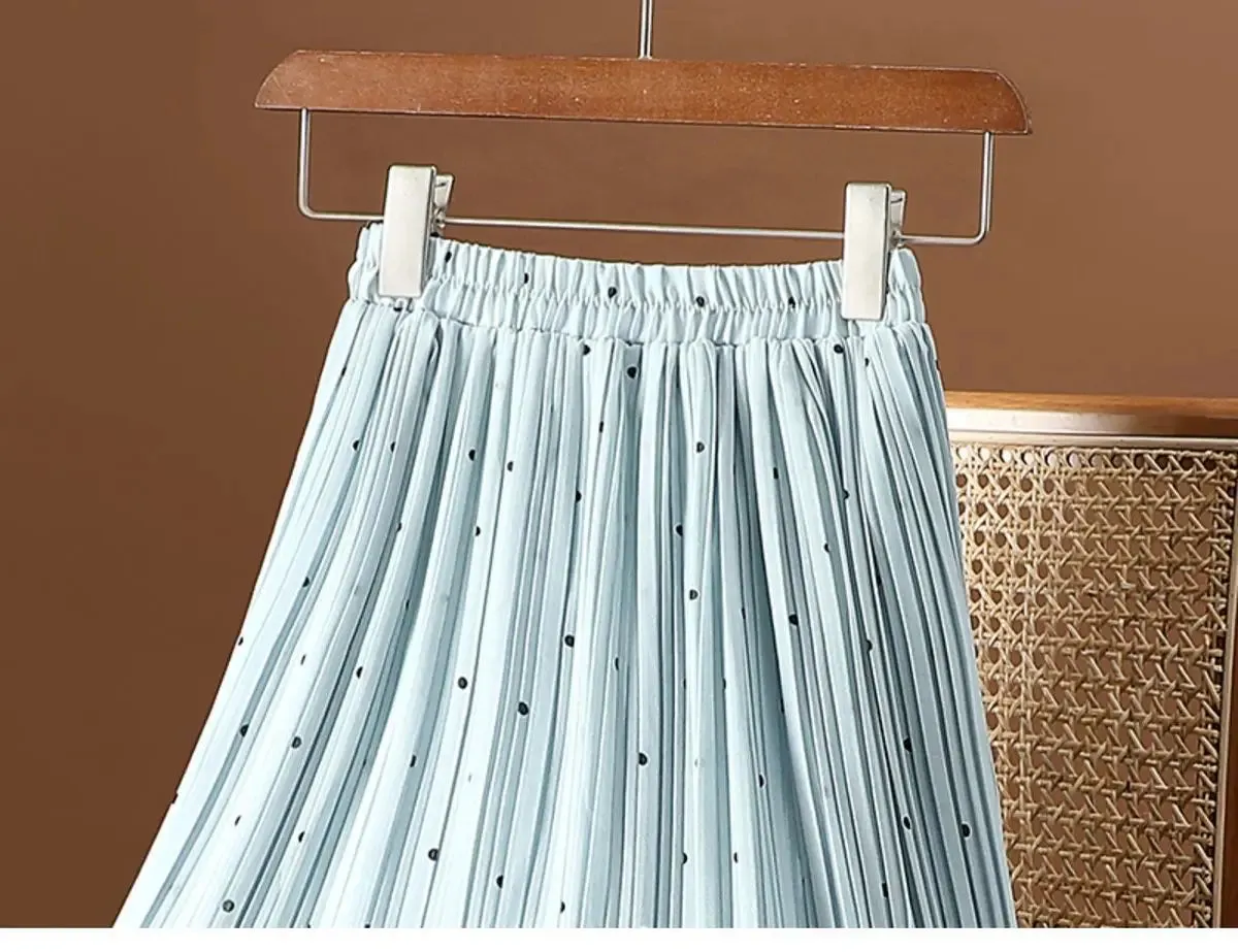 Women’s Polka Dot Pleated Midi Skirt | High Waist Elastic Vintage Office Skirt