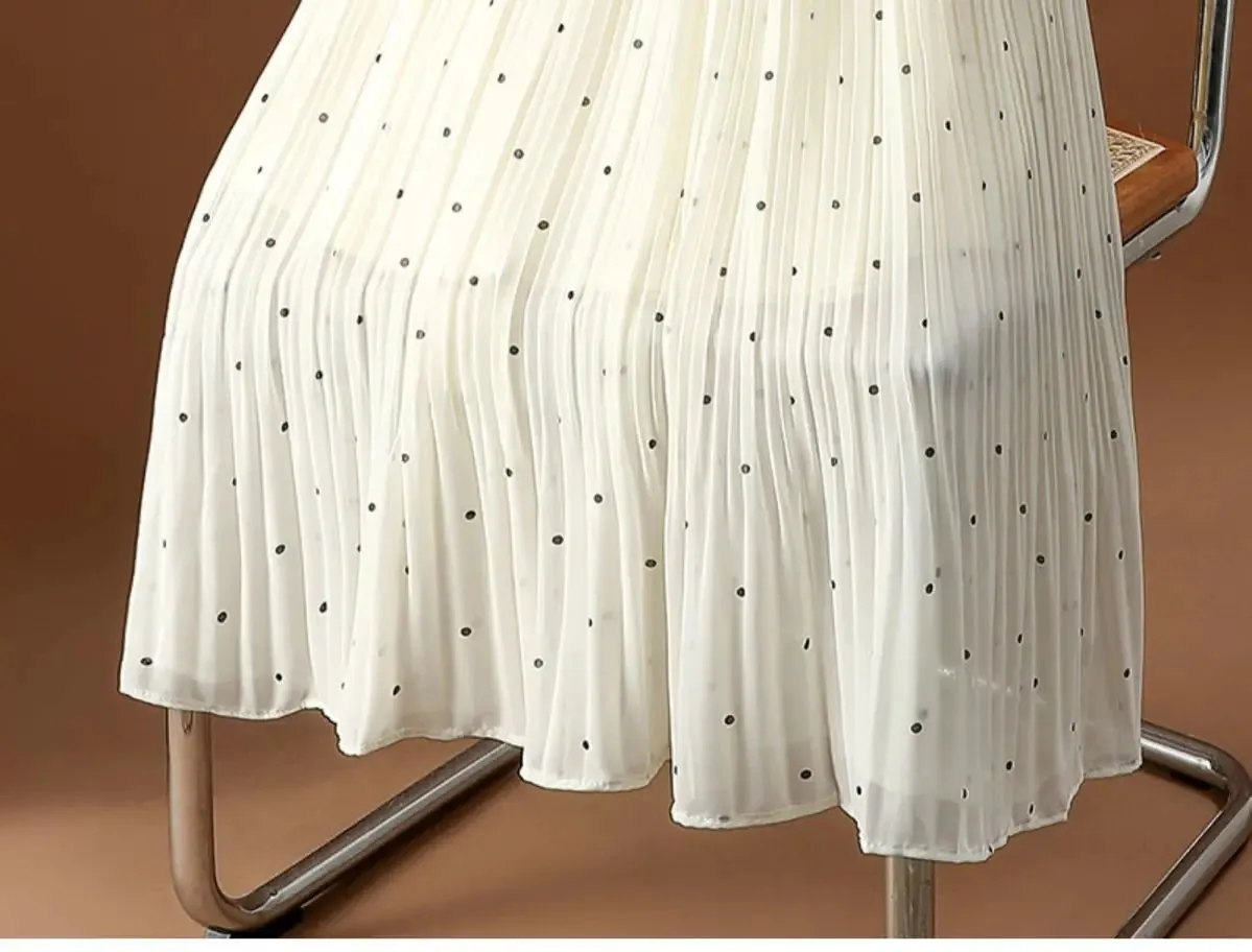 Women’s Polka Dot Pleated Midi Skirt | High Waist Elastic Vintage Office Skirt