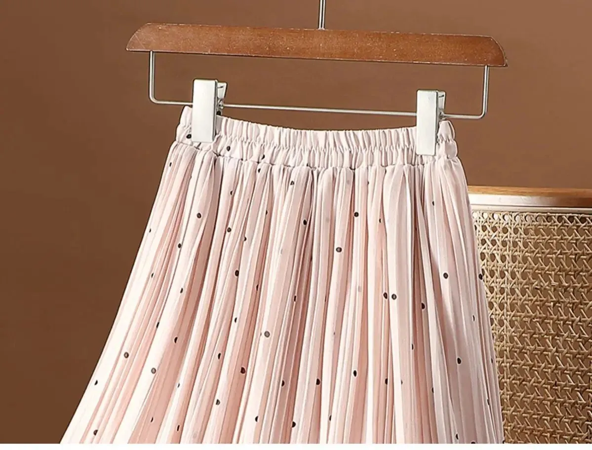 Women’s Polka Dot Pleated Midi Skirt | High Waist Elastic Vintage Office Skirt