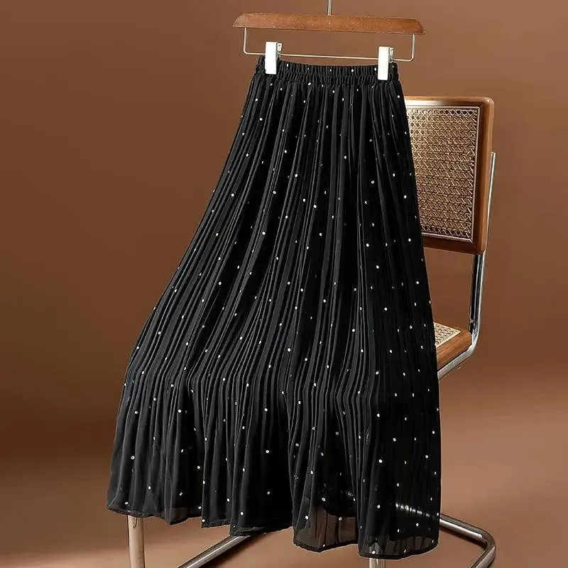 Women’s Polka Dot Pleated Midi Skirt | High Waist Elastic Vintage Office Skirt