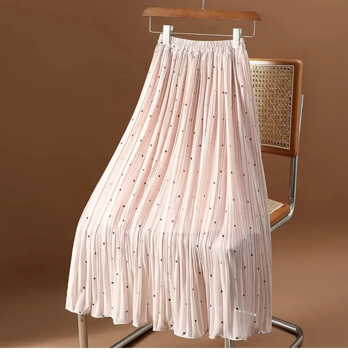 Women’s Polka Dot Pleated Midi Skirt | High Waist Elastic Vintage Office Skirt