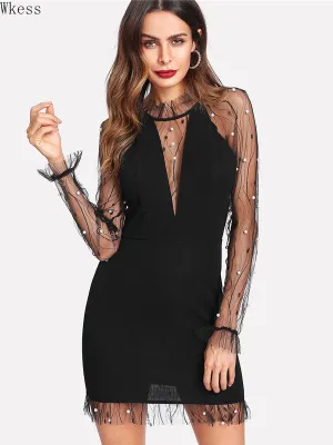 Women's Round Neck Long Sleeve Sexy Party Bodysuit Dress