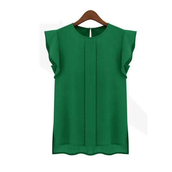 Womens Short Sleeve Chiffon O-neck Ruffled Pleated Sleeve Chiffon Shirt Top Women's Tee Tops