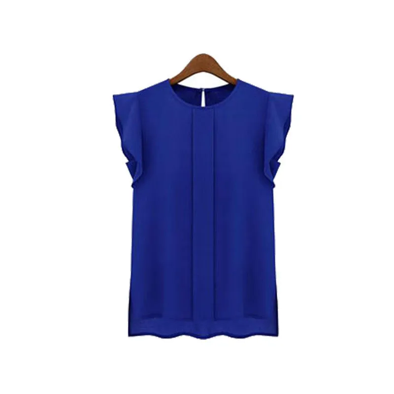 Womens Short Sleeve Chiffon O-neck Ruffled Pleated Sleeve Chiffon Shirt Top Women's Tee Tops