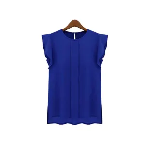 Womens Short Sleeve Chiffon O-neck Ruffled Pleated Sleeve Chiffon Shirt Top Women's Tee Tops