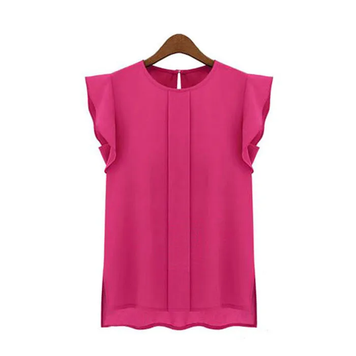 Womens Short Sleeve Chiffon O-neck Ruffled Pleated Sleeve Chiffon Shirt Top Women's Tee Tops