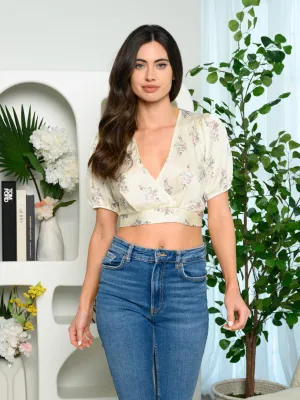 WOMEN'S SHORT SLEEVE FLORAL PRINT OPEN BACK CROP TOP