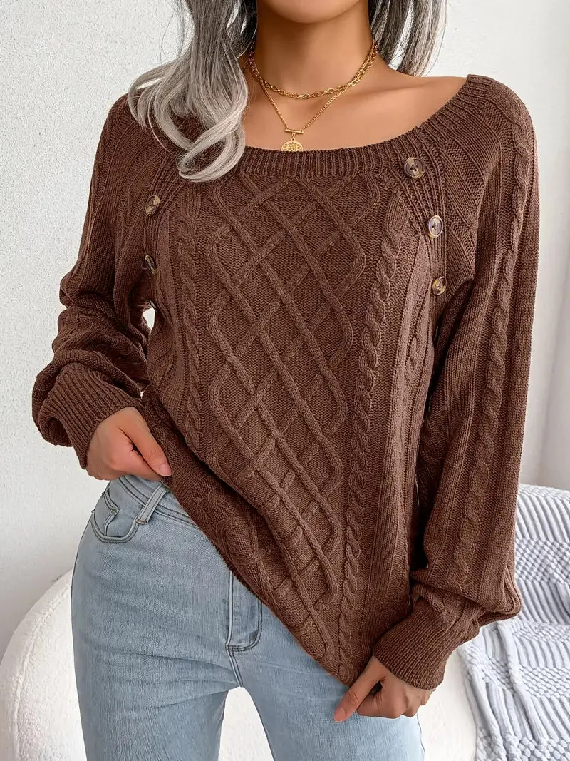 Women's Textured Button Lantern Sleeve Sweater with Round Neck