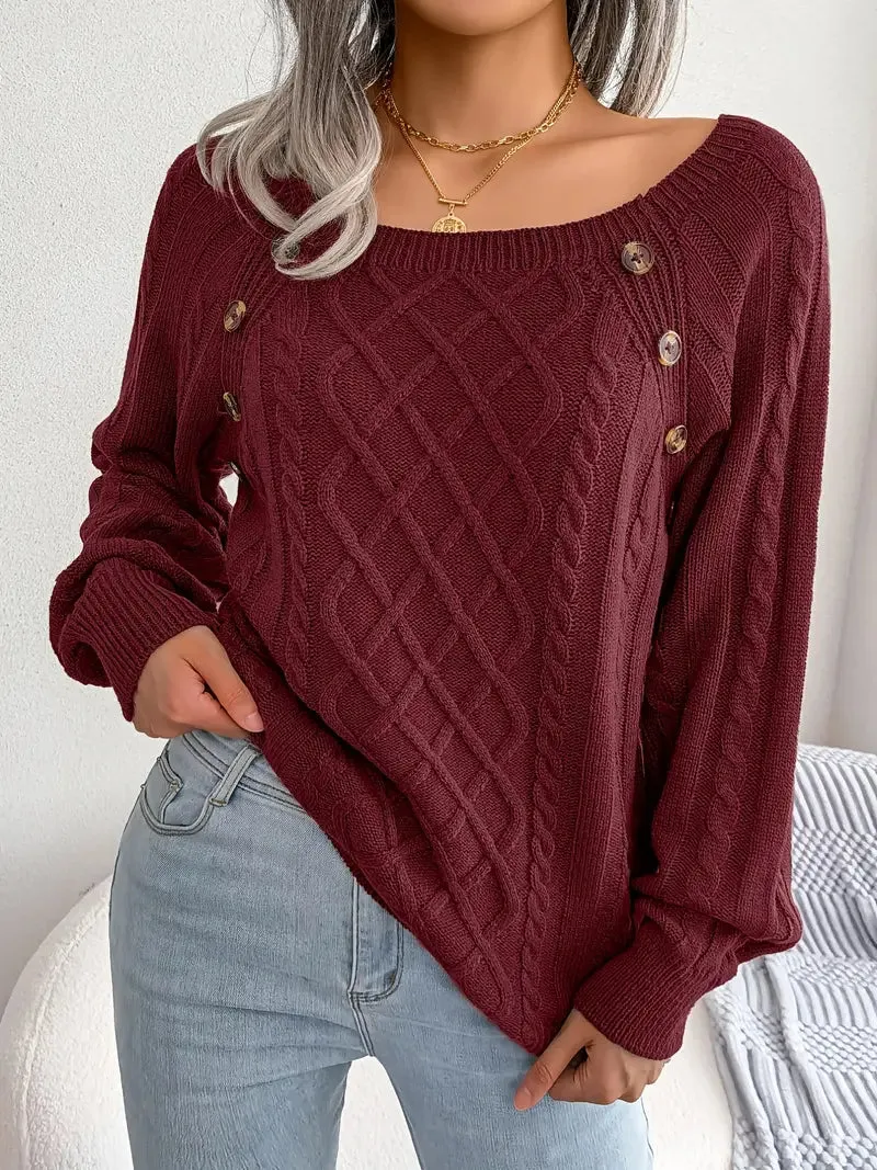 Women's Textured Button Lantern Sleeve Sweater with Round Neck