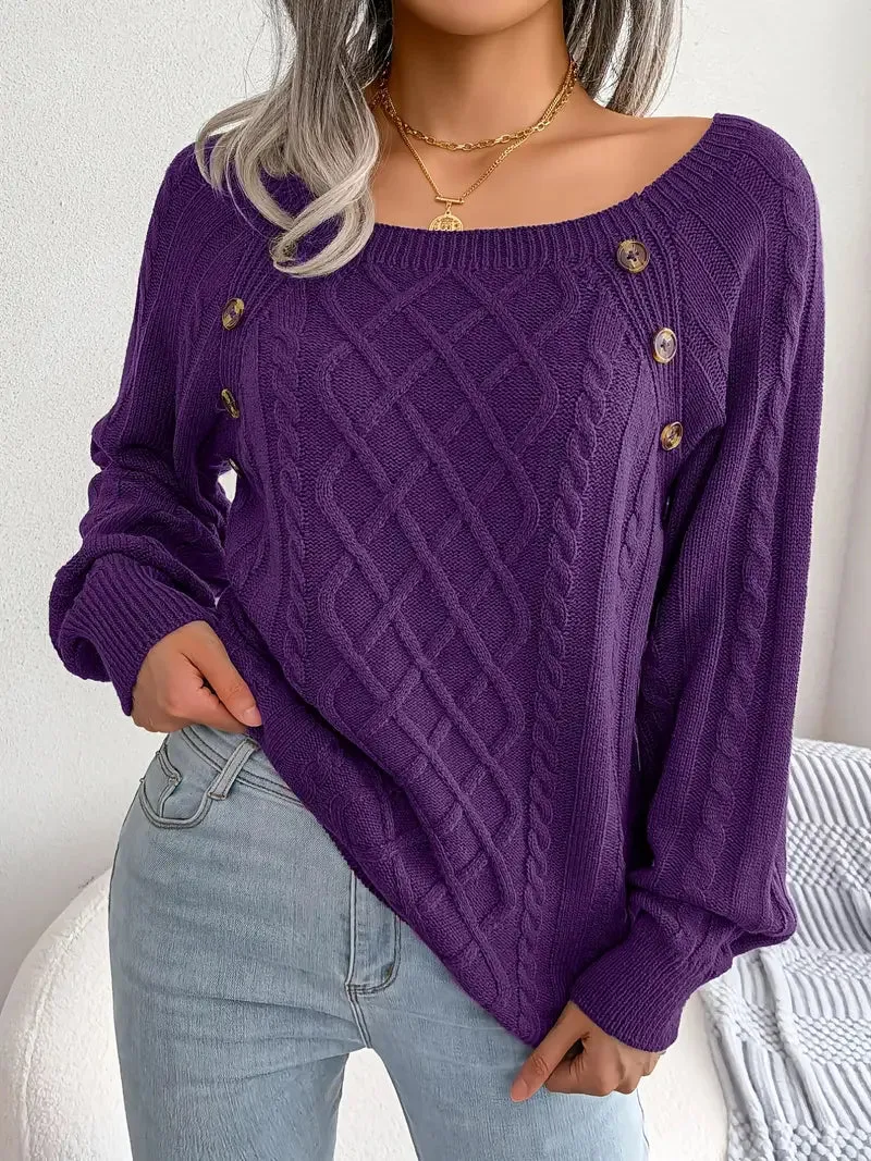Women's Textured Button Lantern Sleeve Sweater with Round Neck