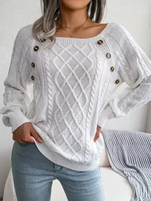Women's Textured Button Lantern Sleeve Sweater with Round Neck