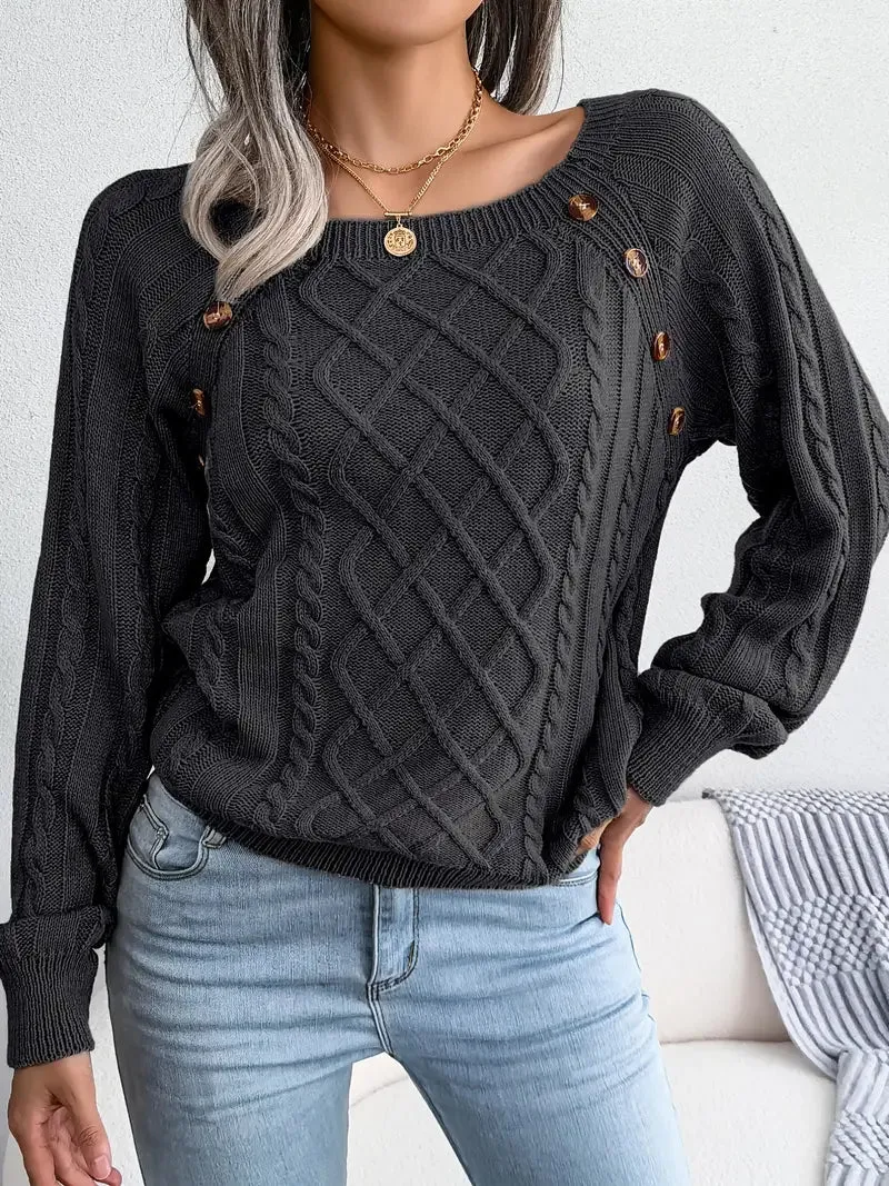 Women's Textured Button Lantern Sleeve Sweater with Round Neck