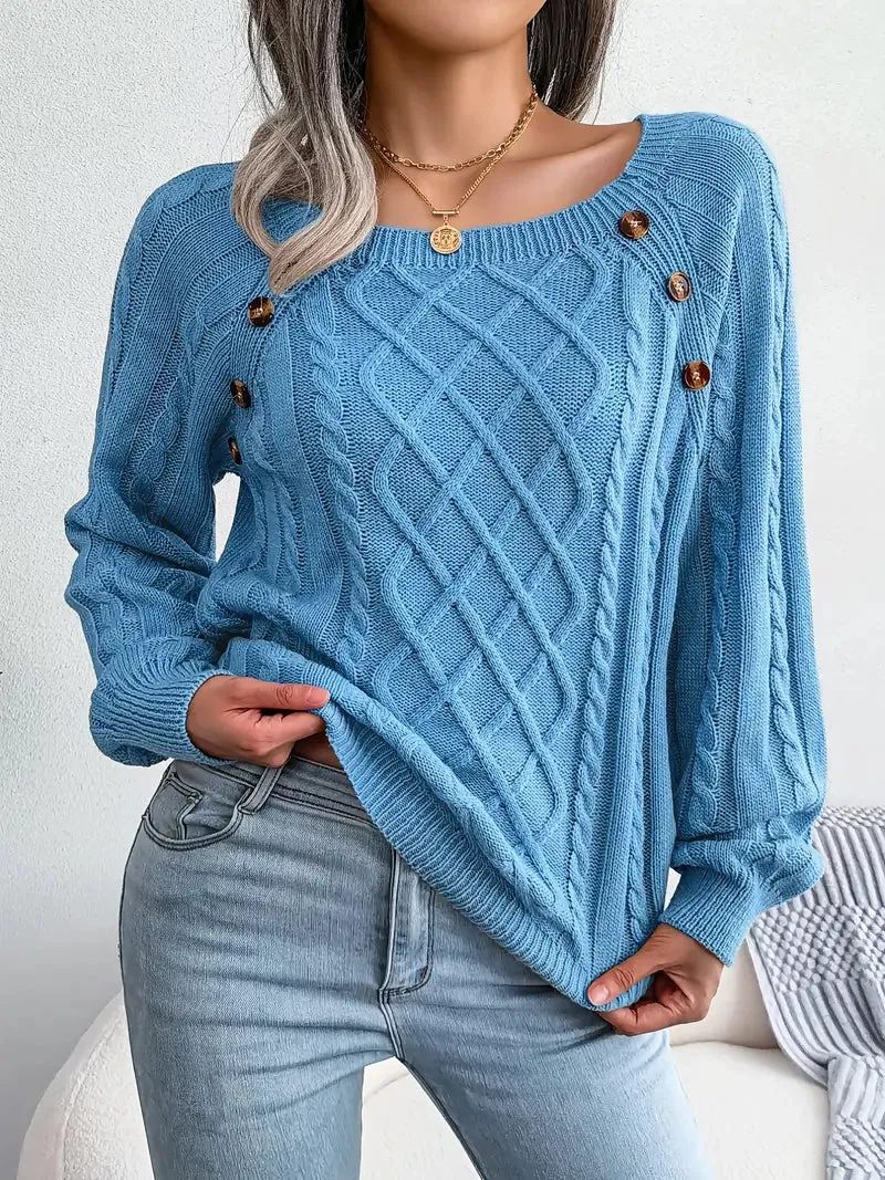 Women's Textured Button Lantern Sleeve Sweater with Round Neck