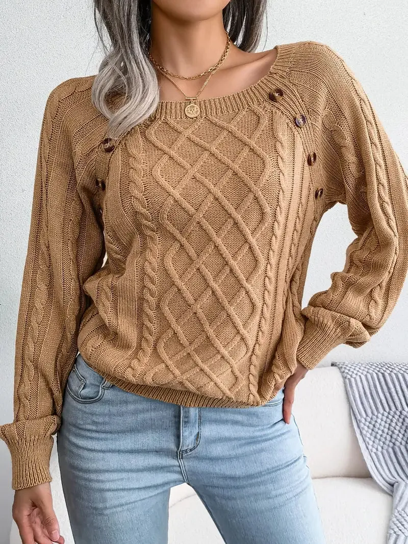 Women's Textured Button Lantern Sleeve Sweater with Round Neck