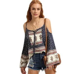 Womens Tops and Blouses For Ladies Multicolor Vintage Print Long Sleeve Cold Shoulder Tie-neck Blouse