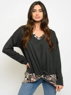 WOMEN'S V NECK LONG SLEEVE ANIMAL PRINT TOP