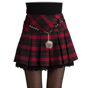 Woolen Lace Stitching Empire Waist Plaid Skirt Sashes Ruffles Pleated A-Line Preppy Style Lolita Women Skirts
