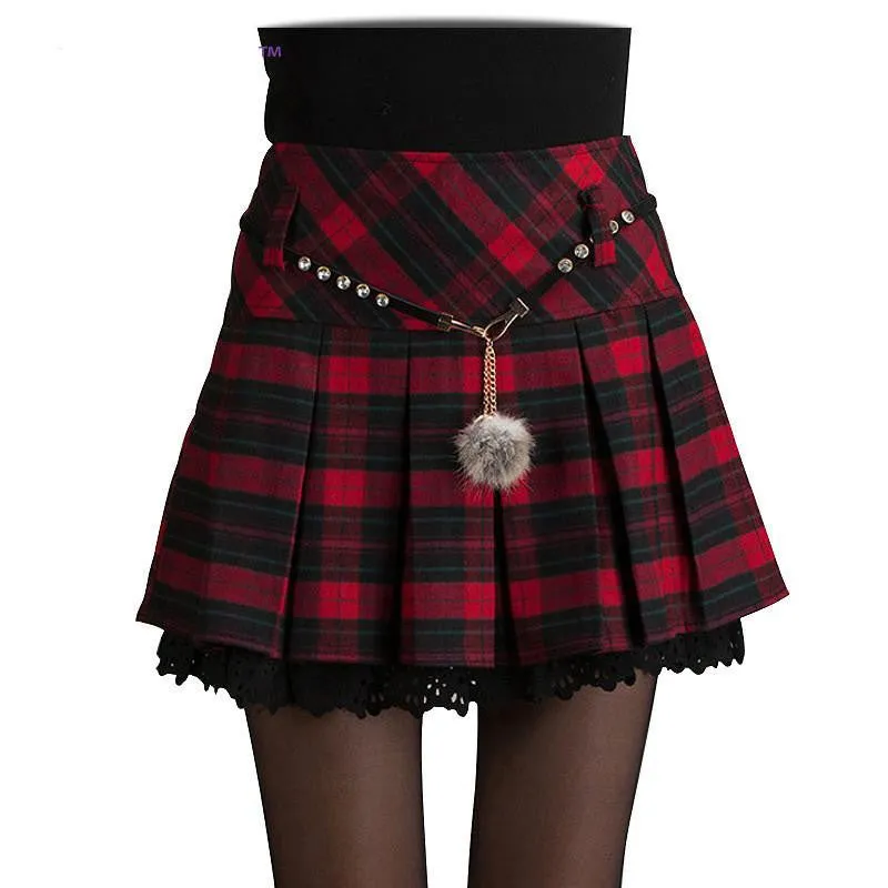Woolen Lace Stitching Empire Waist Plaid Skirt Sashes Ruffles Pleated A-Line Preppy Style Lolita Women Skirts