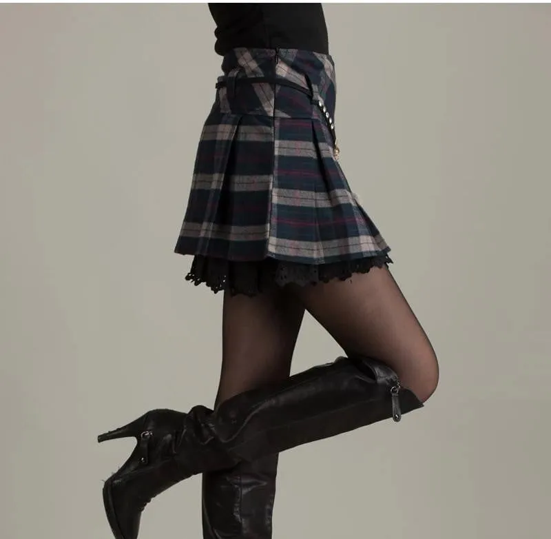 Woolen Lace Stitching Empire Waist Plaid Skirt Sashes Ruffles Pleated A-Line Preppy Style Lolita Women Skirts