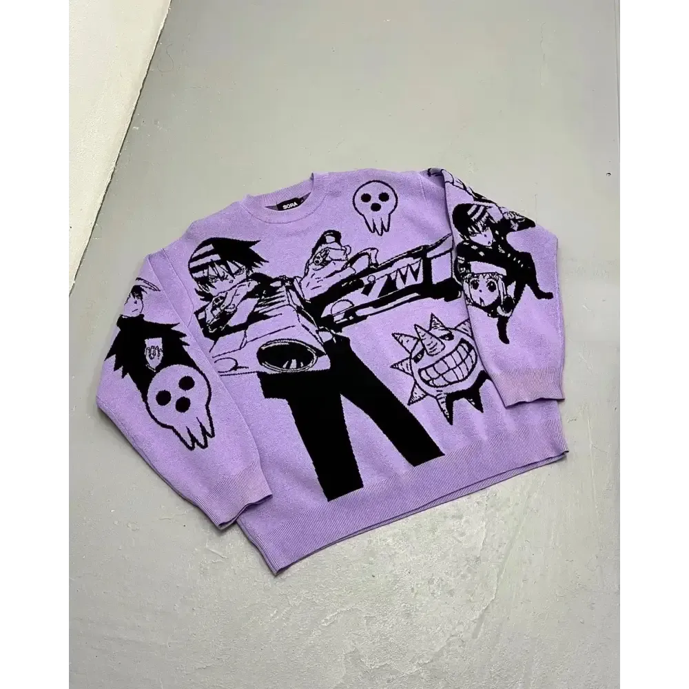 Y2K Anime Graphic Sweater in Vibrant Purple