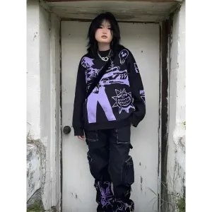 Y2K Anime Graphic Sweater in Vibrant Purple