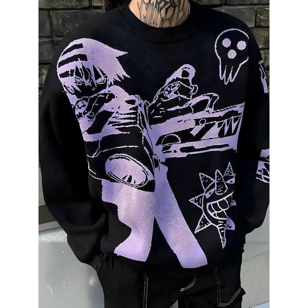 Y2K Anime Graphic Sweater in Vibrant Purple