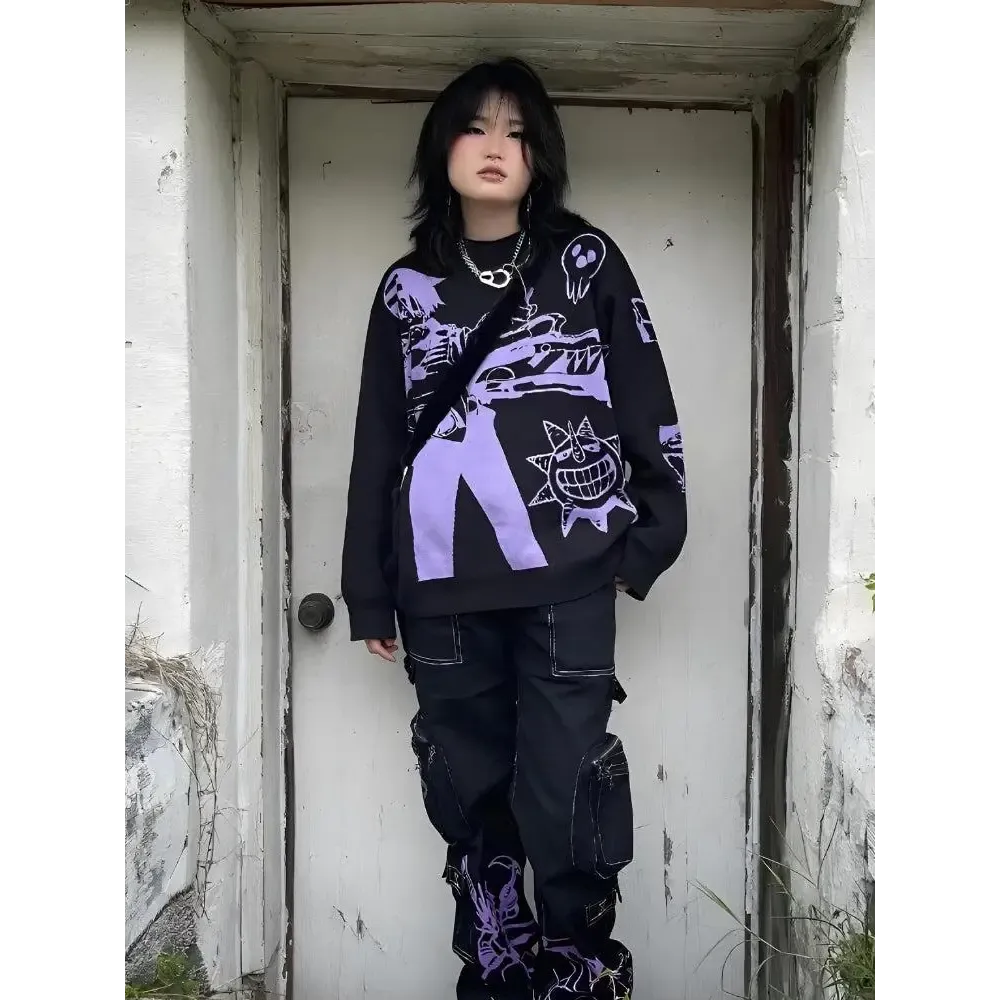 Y2K Anime Graphic Sweater in Vibrant Purple