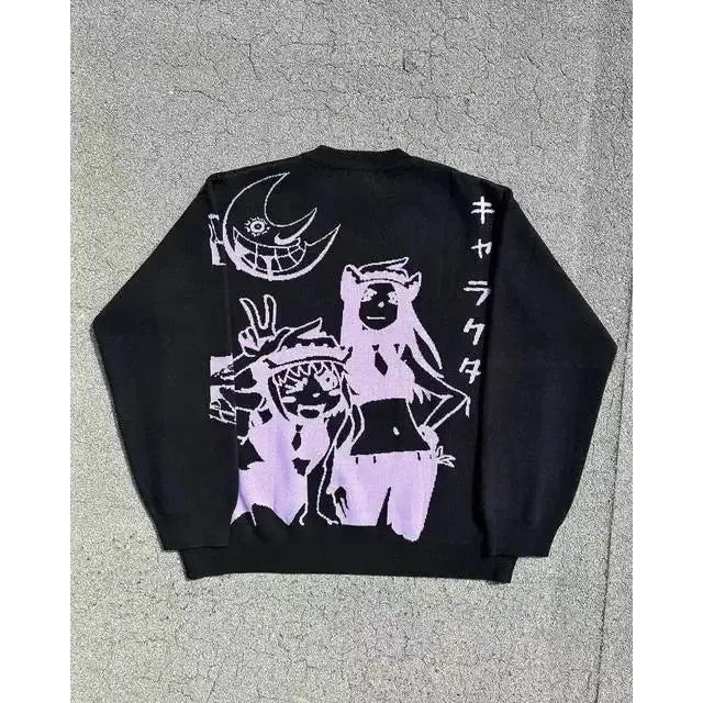 Y2K Anime Graphic Sweater in Vibrant Purple