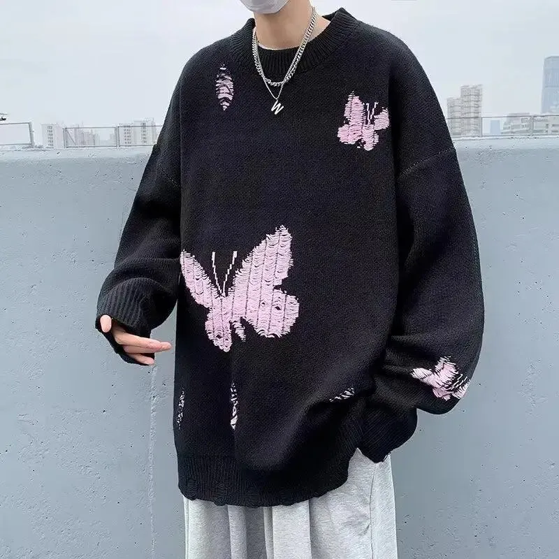 Y2K Butterfly Knitted Sweater with Distressed Details
