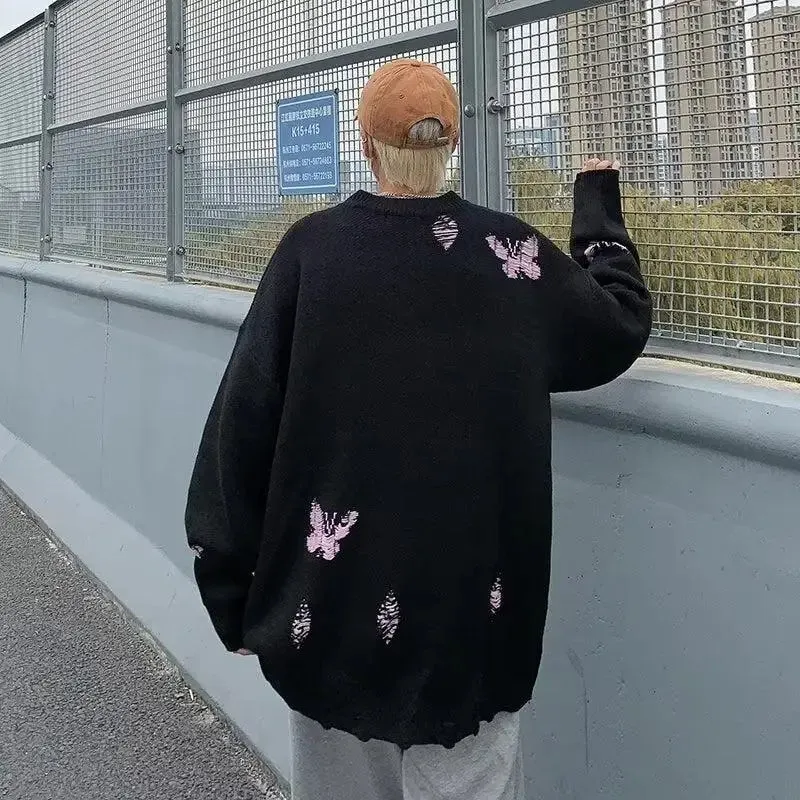 Y2K Butterfly Knitted Sweater with Distressed Details