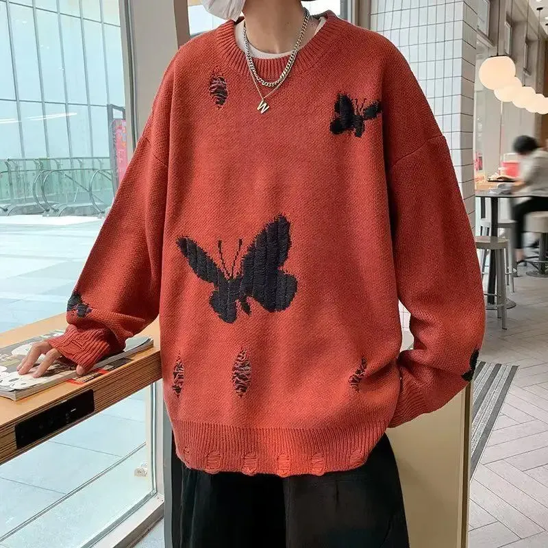 Y2K Butterfly Knitted Sweater with Distressed Details