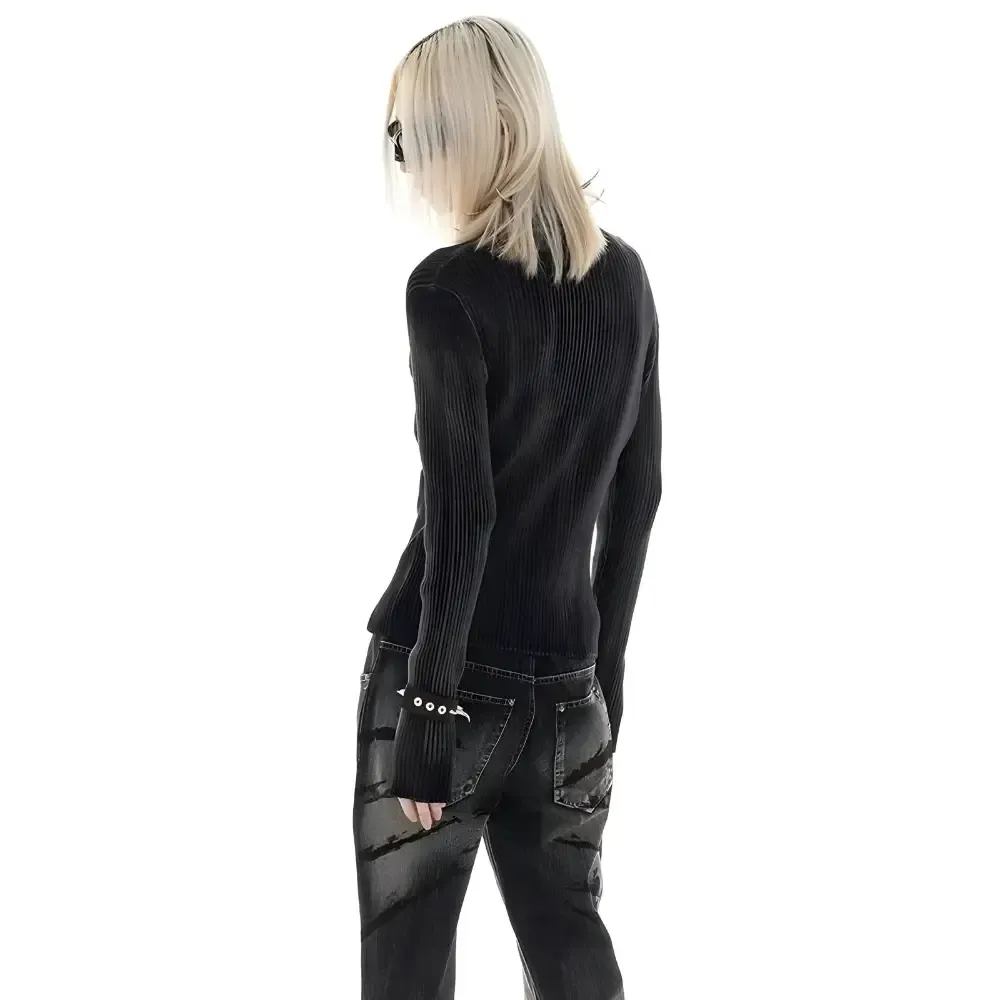 Y2K Corduroy Sweater with Star Print in Washed Black