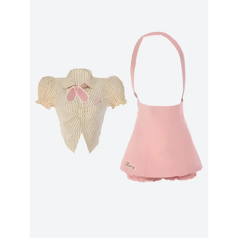 Y2K Striped Shirt with Pink Bow and Coordinating Skort Set
