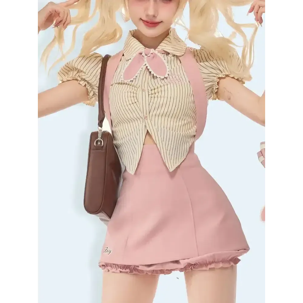 Y2K Striped Shirt with Pink Bow and Coordinating Skort Set