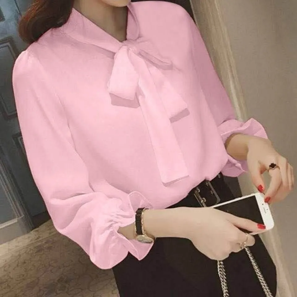 YiXin S-5XL Women's Blouses Solid Color Long Sleeve Attached Bow Tie  Chiffon Silk Blouses Korean Fashion Blouses For Womens