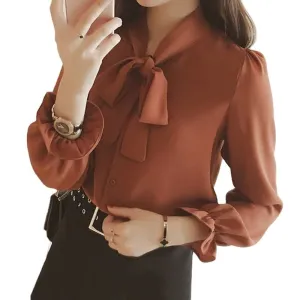 YiXin S-5XL Women's Blouses Solid Color Long Sleeve Attached Bow Tie  Chiffon Silk Blouses Korean Fashion Blouses For Womens