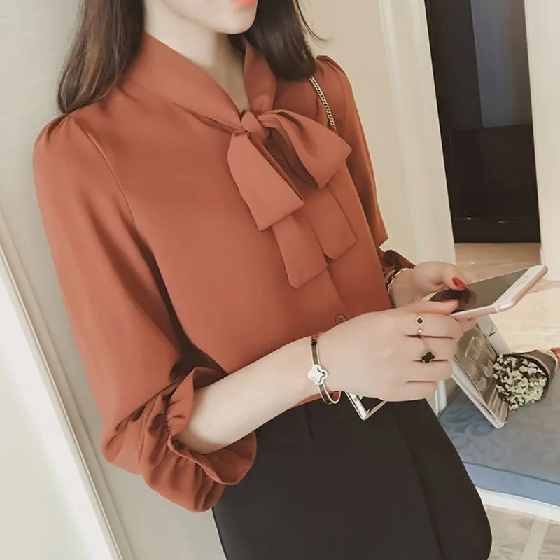 YiXin S-5XL Women's Blouses Solid Color Long Sleeve Attached Bow Tie  Chiffon Silk Blouses Korean Fashion Blouses For Womens
