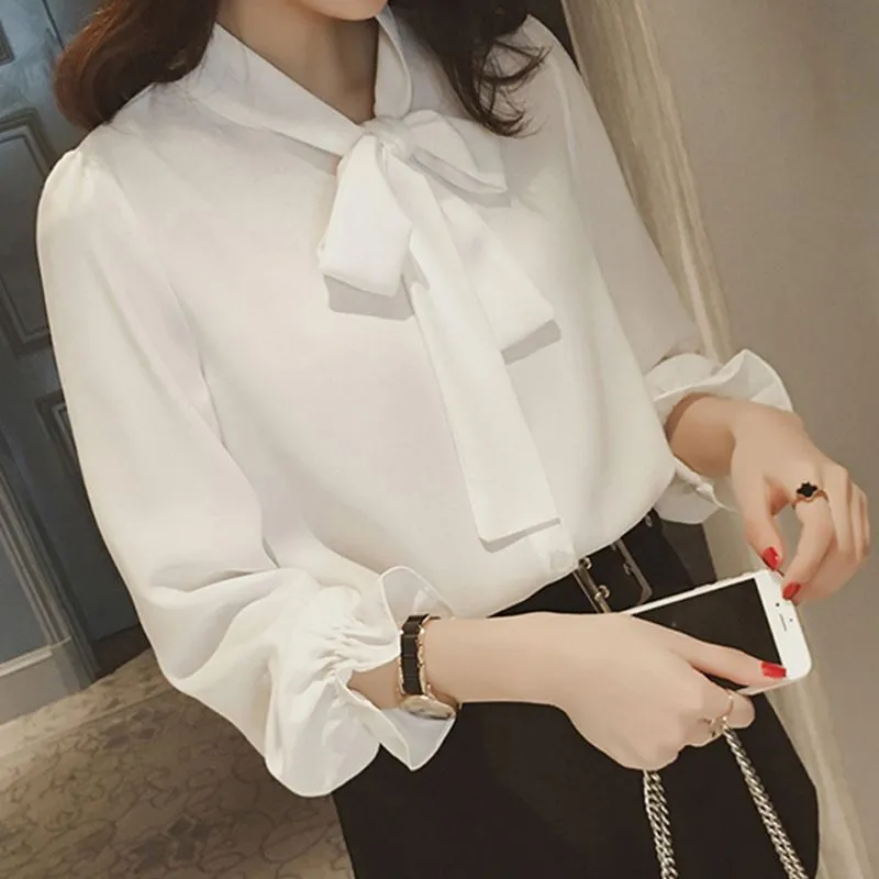 YiXin S-5XL Women's Blouses Solid Color Long Sleeve Attached Bow Tie  Chiffon Silk Blouses Korean Fashion Blouses For Womens