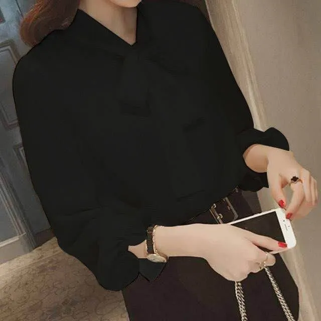 YiXin S-5XL Women's Blouses Solid Color Long Sleeve Attached Bow Tie  Chiffon Silk Blouses Korean Fashion Blouses For Womens