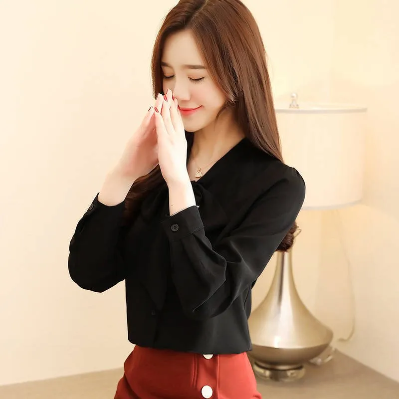 YiXin S-5XL Women's Blouses Solid Color Long Sleeve Attached Bow Tie  Chiffon Silk Blouses Korean Fashion Blouses For Womens