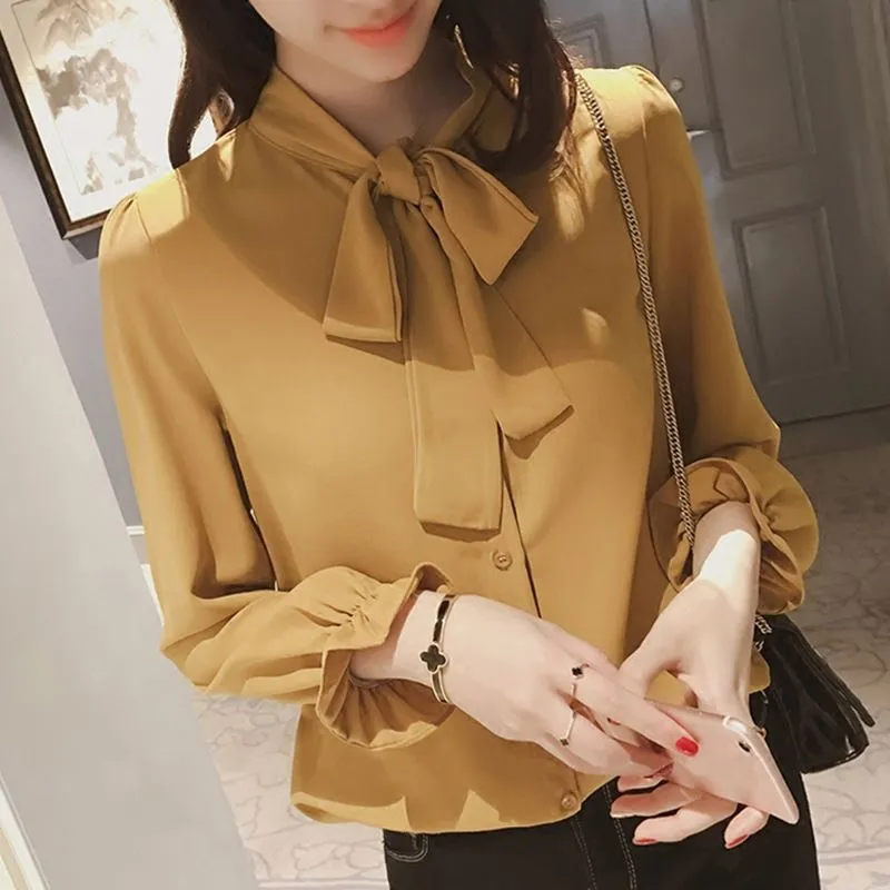 YiXin S-5XL Women's Blouses Solid Color Long Sleeve Attached Bow Tie  Chiffon Silk Blouses Korean Fashion Blouses For Womens